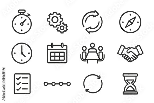 Precision Coordination Icons. Outline icon set of precise coordination: stopwatch, gears, arrows, compass,