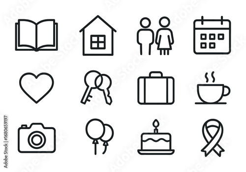 New Beginnings Icons. Outline icon set of new chapter in life: book, house, couple, calendar, heart, keys,
