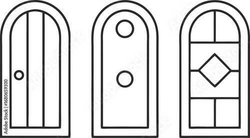 Three arched doors in a row, each with a unique design, showcase a variety of styles and architectural details