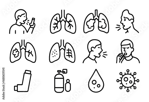 Respiratory Diseases Icons. Outline icon set of respiratory diseases: asthma, bronchitis, pneumonia, COPD,