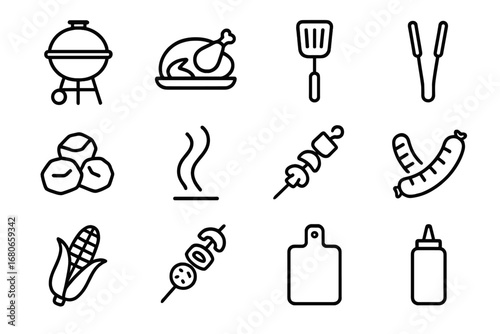 Grilling Icon Set. Outline icon set of grilling and roasting: grill, turkey, spatula, tongs, charcoal, smoke,
