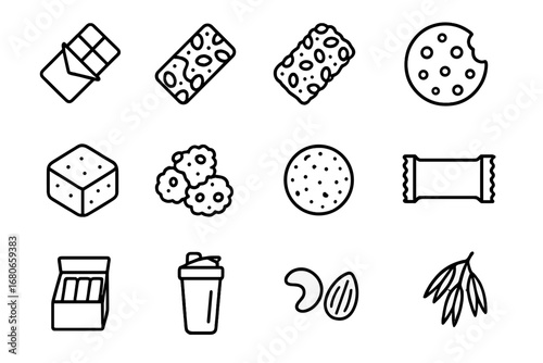 Protein Snack Icons. Outline icon set of protein bars and bites: chocolate bar, nut bar, seed bar, protein