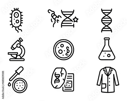 Bacterial Evolution Icons. Outline icon set of Studying bacterial evolution: bacteria cell, mutation icon, DNA
