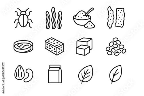 Sustainable Protein Icons. Outline icon set of sustainable protein sources: insects, algae, spirulina powder,