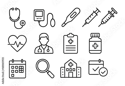 Medical Checkup Icons. Outline icon set of The importance of regular checkups: stethoscope, blood pressure