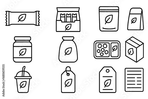 Healthy Snack Packaging Icons. Outline icon set of healthy snack packaging: wrapper, bar box, zip bag, paper