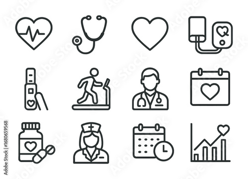 Heart Health Icons. Outline icon set of Heart Health Monitoring: ECG, stethoscope, heart icon, blood pressure,