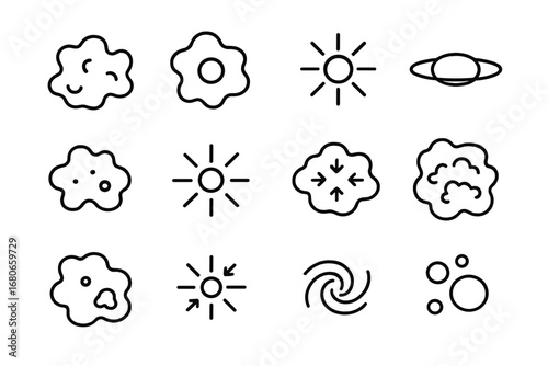 Star Formation Icons. Outline icon set of star formation: nebula cloud, protostar, stellar core, accretion