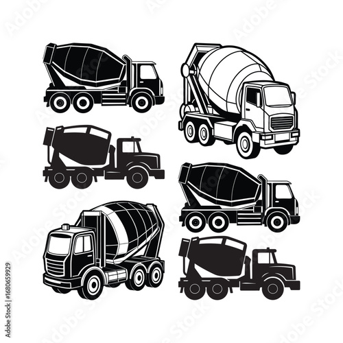 Black white silhouette cement mixer truck