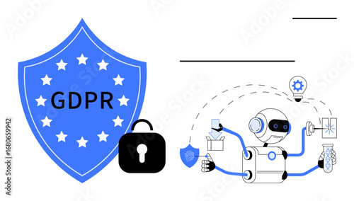 Robot multitasking with data and technology, shield labeled GDPR, and padlock icon. Ideal for security, privacy, compliance, AI, innovation governance technology. A simple flat metaphor