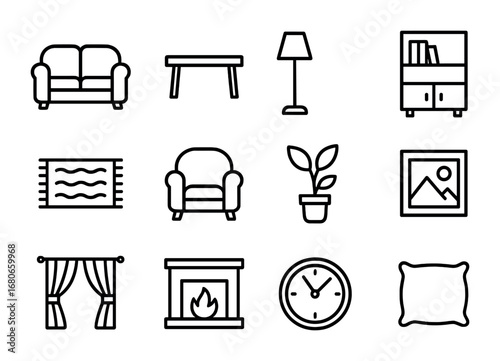 Home Icons Grid. Outline icon set of Home life and interior design: sofa, coffee table, lamp, bookshelf, rug,