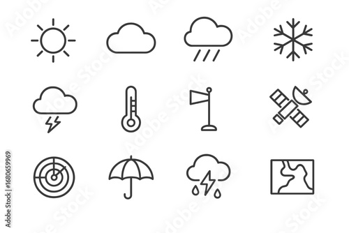Weather Icon Grid. Outline icon set of weather news: sun, cloud, rain, snowflake, thunderbolt, thermometer,