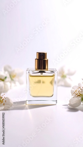 Perfume bottle surrounded by white blossoms