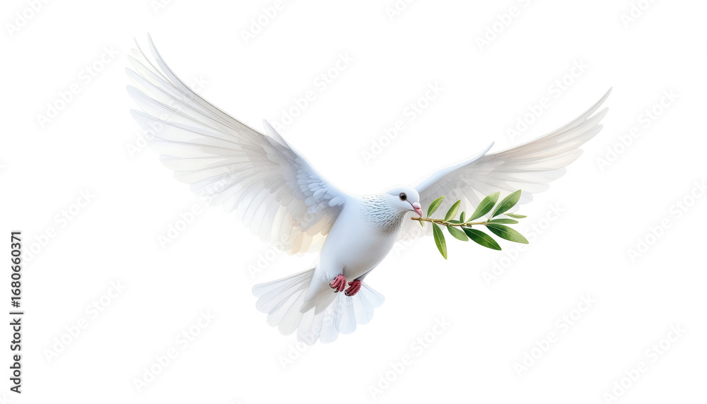 Obraz premium White dove in flight holding green branch isolated on white background