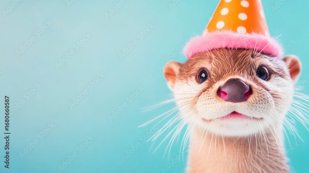 Fototapeta premium Happy otter celebrating with a party hat on a colorful background