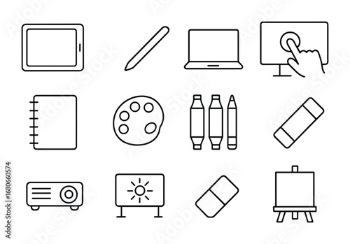Interactive Art Tools. Outline icon set of Interactive art projects: tablet, stylus, laptop, interactive
