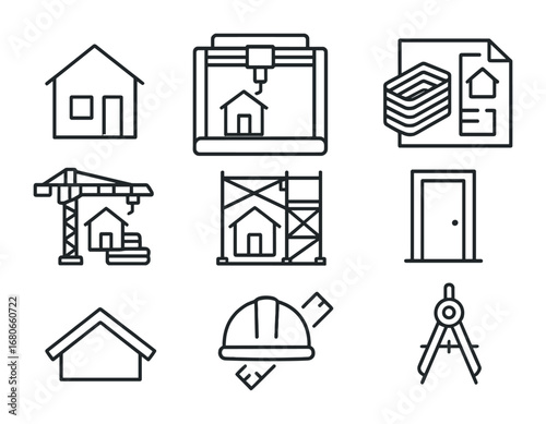 3D-Printed Home Icons. Outline icon set of Residential 3D-printed homes: house model, 3D printer, concrete