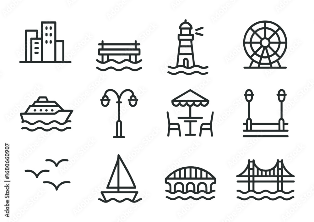 Naklejka premium Coastal City Icons. Outline icon set of Coastal city waterfront: skyline, pier, lighthouse, ferris wheel,