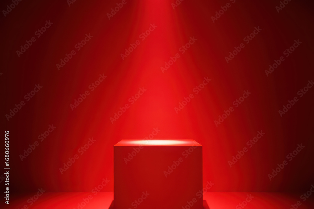 Obraz premium Bright red spotlight illuminates a pedestal on a red background