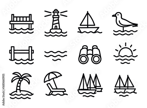 Waterfront Icon Set. Outline icon set of Waterfront views: pier, lighthouse, sailboat, seagull, dock, waves,