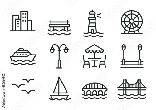 Coastal City Icons. Outline icon set of Coastal city waterfront: skyline, pier, lighthouse, ferris wheel,