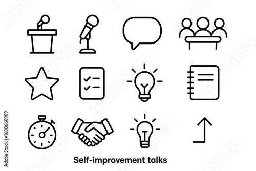 Self-Improvement Icons. Outline icon set of self-improvement talks: podium, microphone, speech bubble,