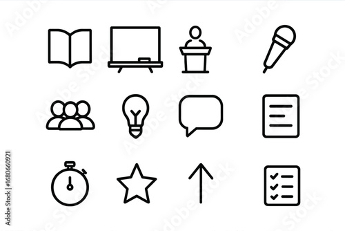Educational Icons Grid. Outline icon set of educational talks: book, chalkboard, podium, microphone, audience,