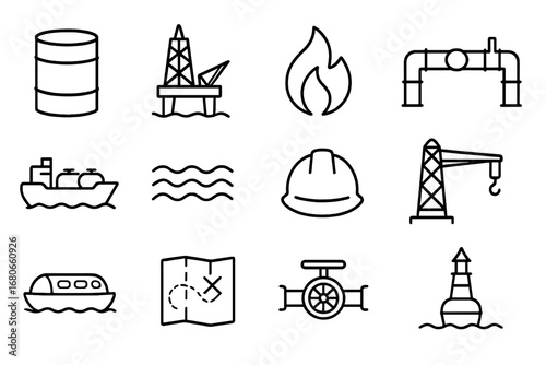 Oil and Gas Icons. Outline icon set of oil and gas offshore: oil barrel, drilling rig, flame, pipeline, cargo