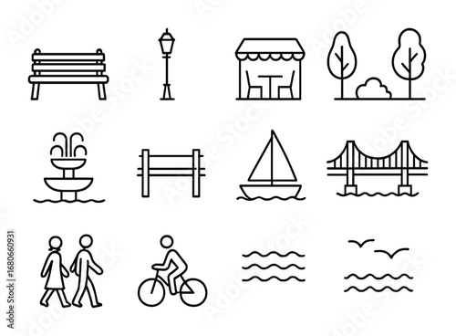 Urban Promenade Icons. Outline icon set of Urban waterfront promenade: benches, street lamps, cafes, trees,