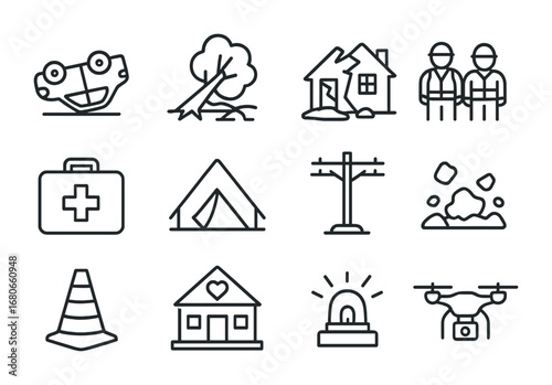 Tornado Aftermath Icons. Outline icon set of Tornado aftermath: overturned car, fallen tree, destroyed house,