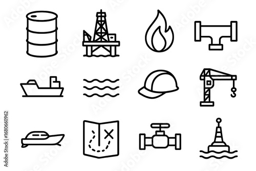 Oil and Gas Icons. Outline icon set of oil and gas offshore: oil barrel, drilling rig, flame, pipeline, cargo