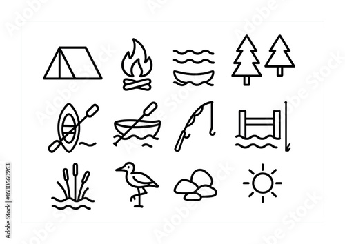 Waterfront Camping Icons. Outline icon set of Waterfront camping: tent, campfire, river, canoe, trees, pier,