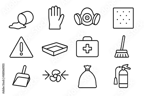 Chemical Spill Icons. Outline icon set of chemical spill response: spill, gloves, mask, absorbent pad, warning