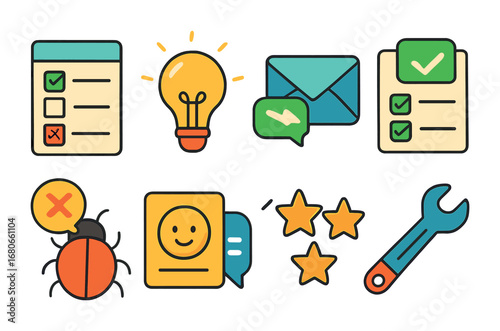 Feedback Icons Grid. Flat vector mini-illustrations user feedback loops in colors children's illustrations: