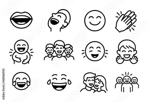 Laughter Icon Set. Outline icon set of laughter moments: open mouth, head tilted back, cheerful eyes, clapping