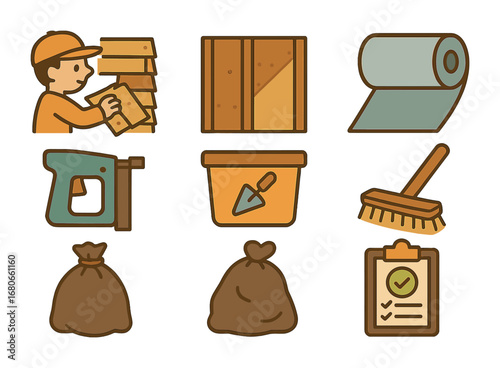 Wall Siding Preparation. Flat vector mini-illustrations preparing the wall for new siding in colors children's