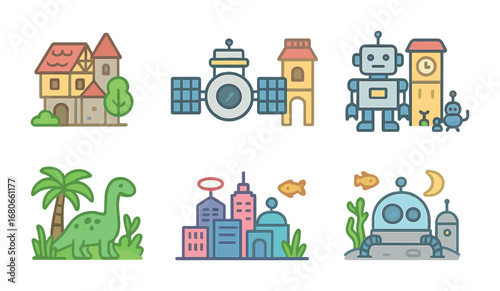 Time Travel Adventures. Flat vector mini-illustrations time travel destinations in colors children's