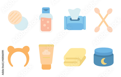 Makeup Cleanup Routine. Flat vector mini-illustrations makeup cleanup routine in colors children's