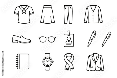 Teacher Fashion Icons. Outline icon set of fashion for teachers: blouse, skirt, trousers, cardigan,