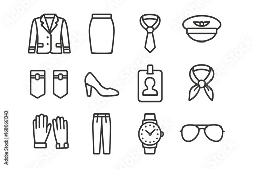 Aviation Uniform Icons. Outline icon set of fashion for pilots and flight attendants: uniform jacket, skirt,