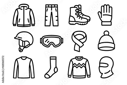 Winter Sports Gear Icons. Outline icon set of fashion for athletes in winter sports: jacket, snow pants, boots