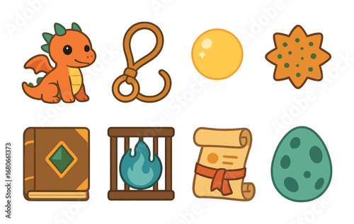 Magical Beast Taming. Flat vector mini-illustrations magical beast taming quest in colors children's