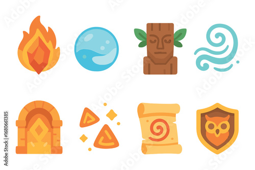 Elemental Realms Icons. Flat vector mini-illustrations elemental realm journey in colors children's