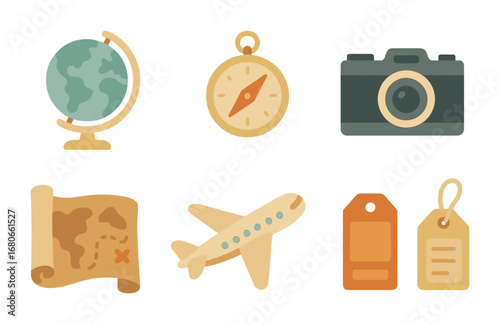 Vintage Travel Icons. Flat vector mini-illustrations vintage travel theme décor in colors children's