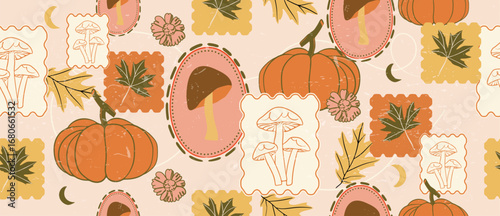 Autumn season seamless pattern background vector. Fall harvest wallpaper with pumpkin, maple leaf, mushroom, frame. Design for print, cover, fabric, packaging, wall art, home decor. 