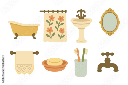 Vintage Bathroom Icons. Flat vector mini-illustrations vintage bathroom décor in colors children's