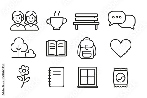 Friendship Icons Set. Outline icon set of friendship chats: two friends, coffee cups, bench, speech bubbles,