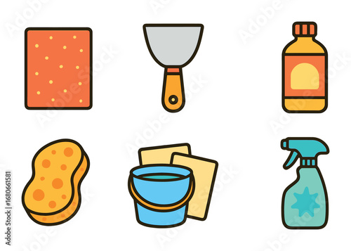 Painting Prep Icons. Flat vector mini-illustrations preparing surfaces for painting in colors children's