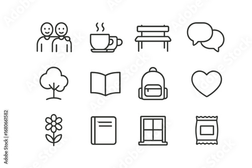 Friendship Icons Set. Outline icon set of friendship chats: two friends, coffee cups, bench, speech bubbles,