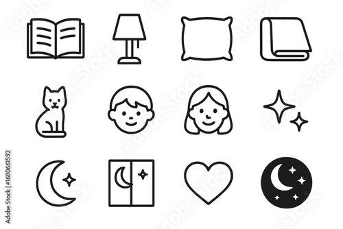 Bedtime Icons Collection. Outline icon set of bedtime stories: book, lamp, pillow, blanket, cat, child, parent